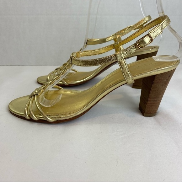 J. Crew “Paige” Metallic Gold Strppy Leather Braided Chunky Heel - Picture 7 of 14